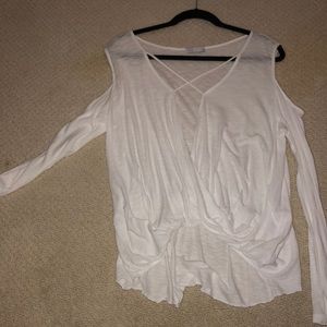Criss cross cold shoulder white long sleeve shirt
